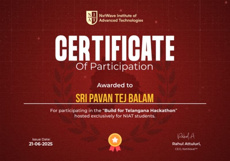 Certificate of participation for Build for Telangana Hackathon, awarded to Sri Pavan Tej Balam