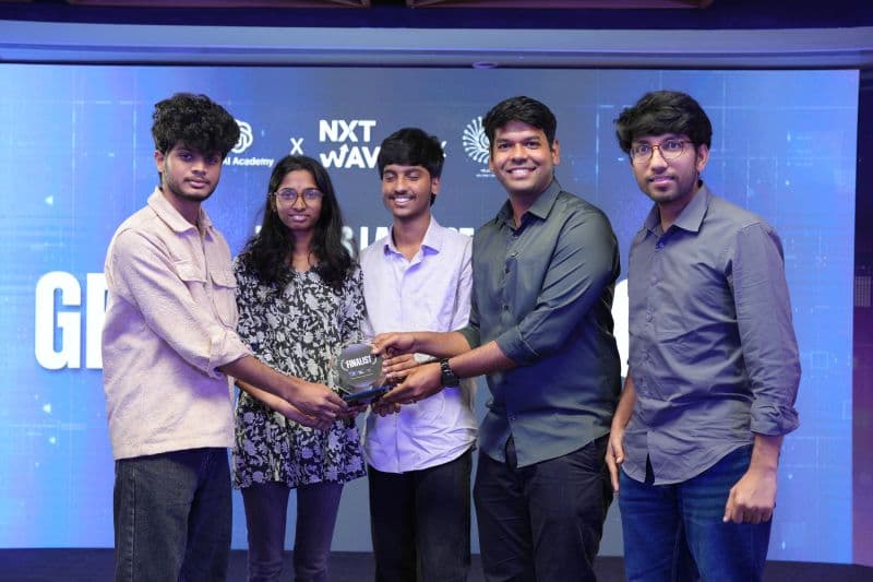 Team holding the OpenAI × NxtWave Buildathon Finalist trophy