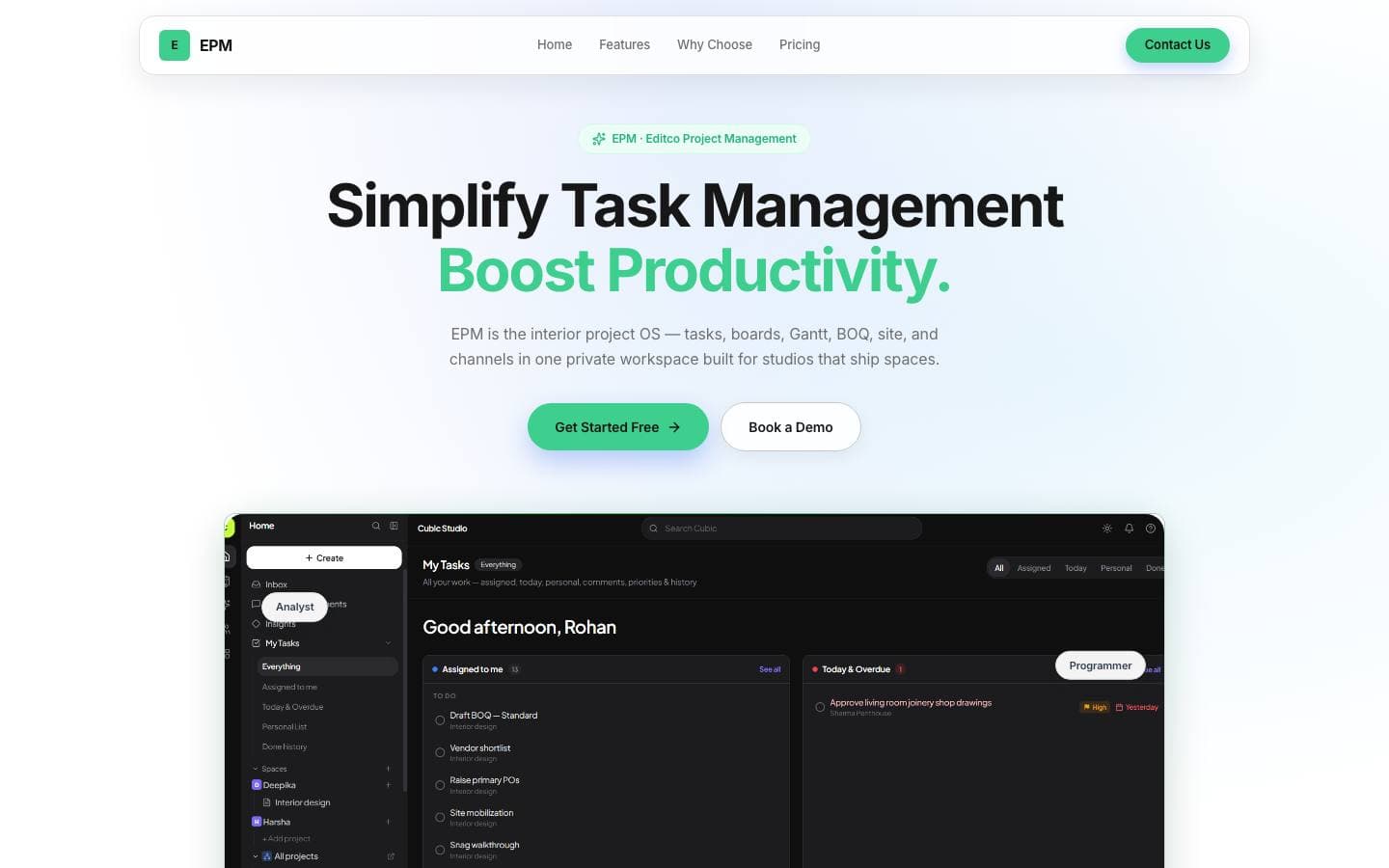 EPM homepage with the Cubic Studio task workspace for an interior project
