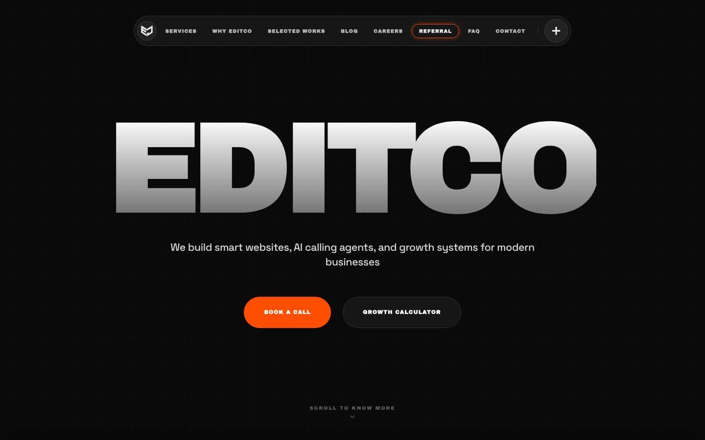 Editco Media homepage offering websites, AI calling agents, and growth systems