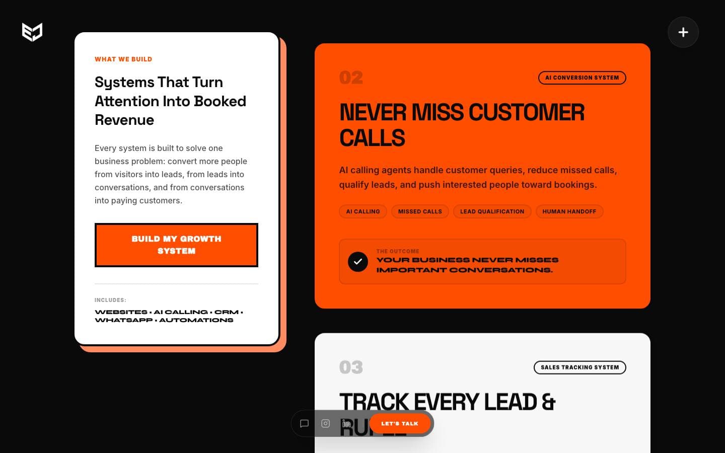 Service cards for growth systems and an AI conversion system that handles missed calls