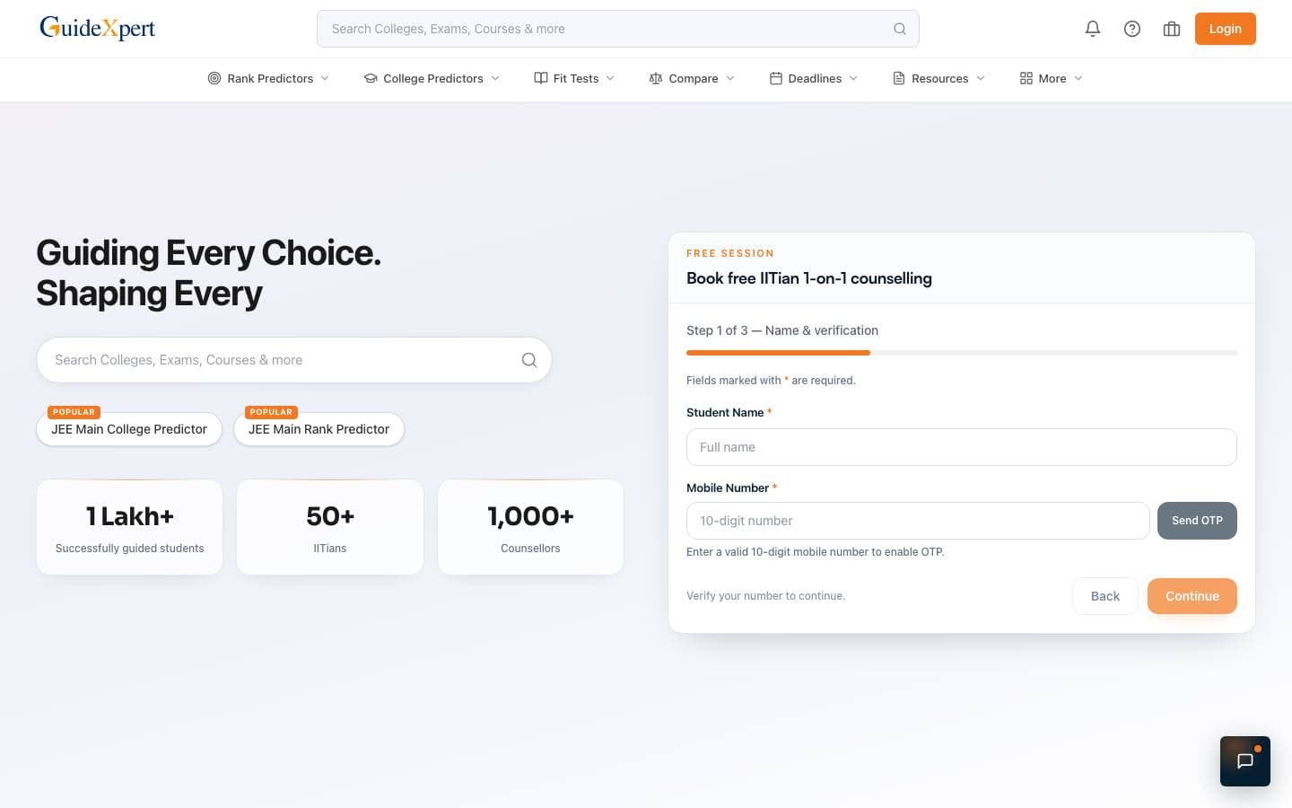 GuideXpert homepage with college search, 1 Lakh+ students guided, and a counselling form