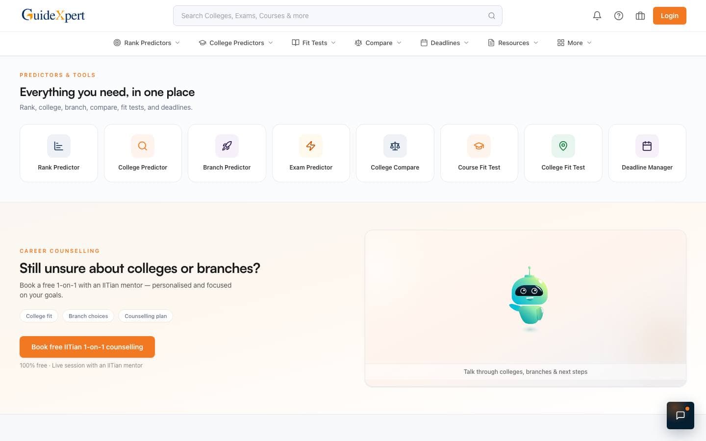 Predictors and tools for rank, college, branch, compare, fit tests, and deadlines