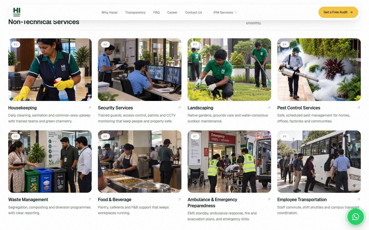 Non-technical facility services including housekeeping, security, landscaping, and waste management